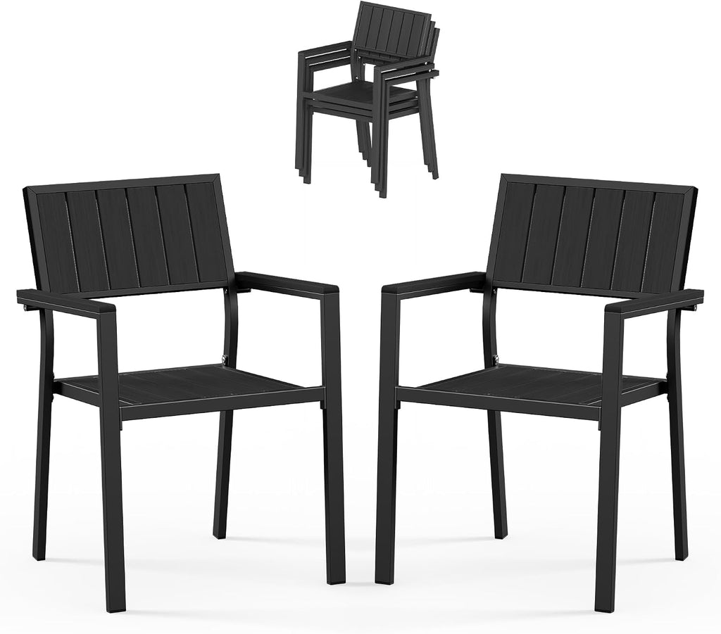 Ciokea Aluminum Patio Dining Chairs Set of 2, Outdoor Stackable Chairs with Wide Seat, All-Weather HDPS Oversized Porch Chair for Backyard, Poolside, Lawn & Garden, Deck | 2-Piece, Black