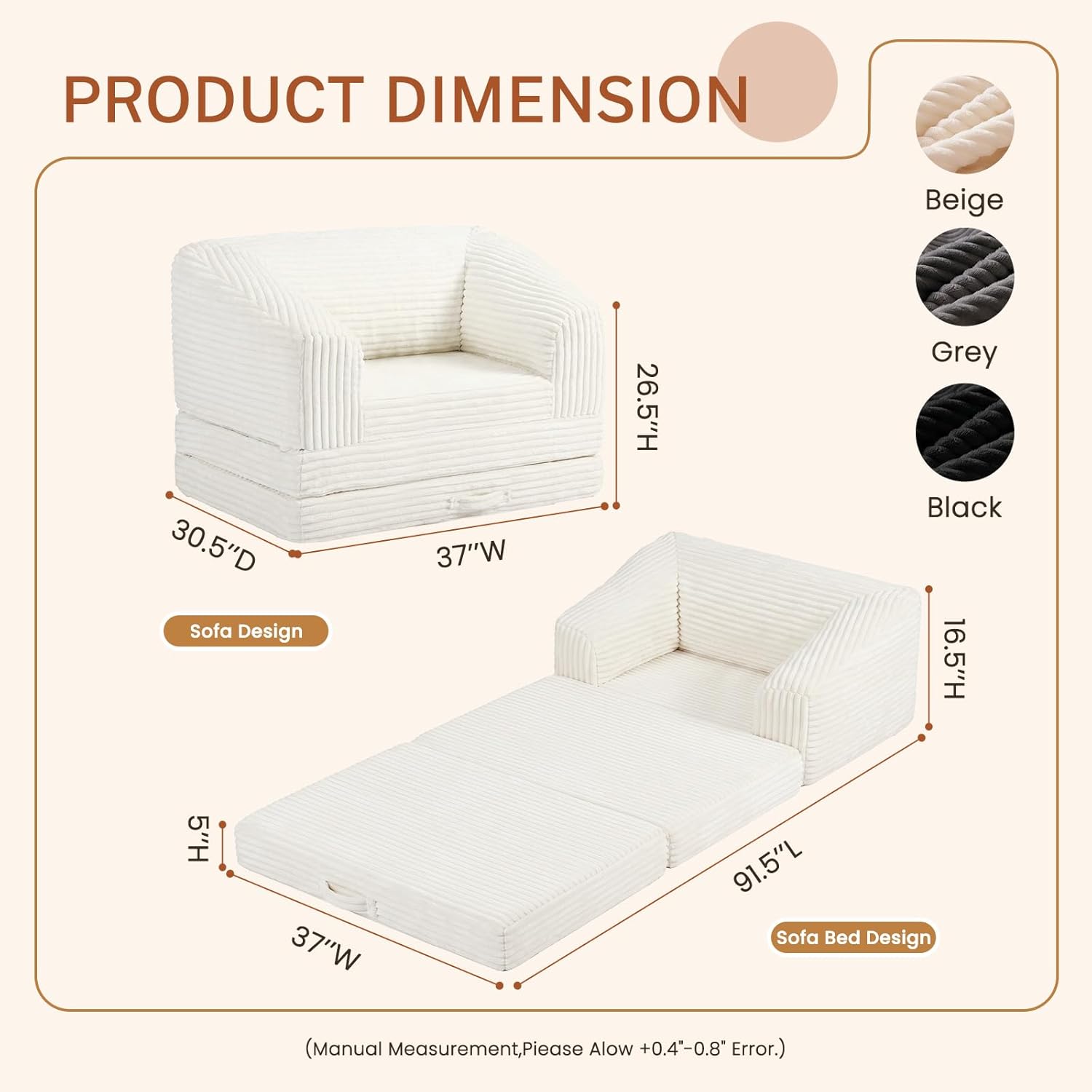 Convertible Boneless Couch Sleeper Sofa Bed, Folding Oversized Bean Bag Couch, Comfy Sofa Chairs for Adults with Filling, Single, Beige