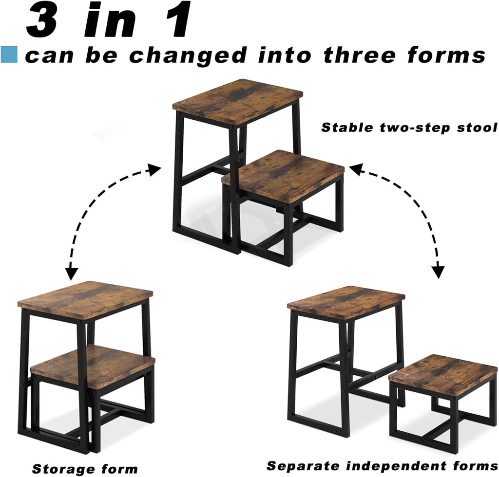2 Step Stool for Adults Wooden Step Stool with 500 Lbs Capacity, 3 in 1 Heavy Duty Sturdy Stepping Stools Bedside Foot Stool for Kichen/Bathroom/Bedroom High beds, Non-Slip Pads