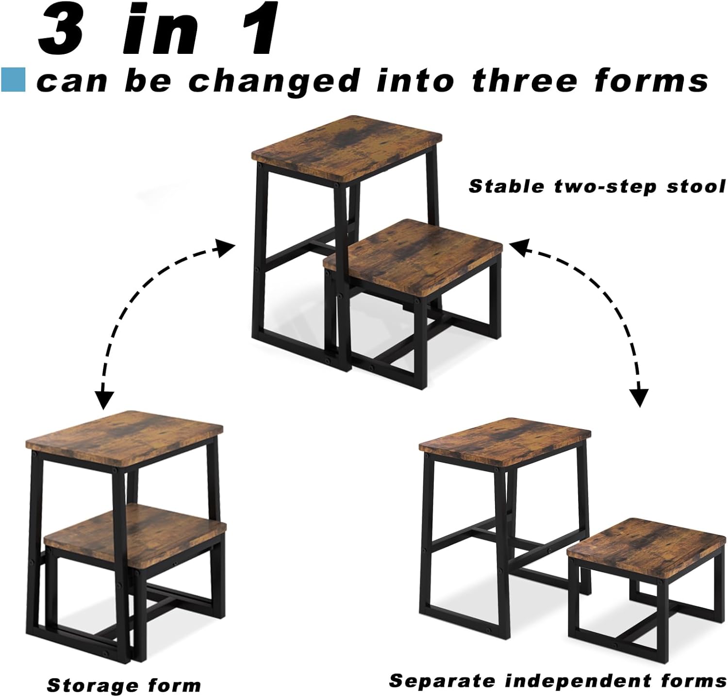 2 Step Stool for Adults Wooden Step Stool with 500 Lbs Capacity, 3 in 1 Heavy Duty Sturdy Stepping Stools Bedside Foot Stool for Kichen/Bathroom/Bedroom High beds, Non-Slip Pads