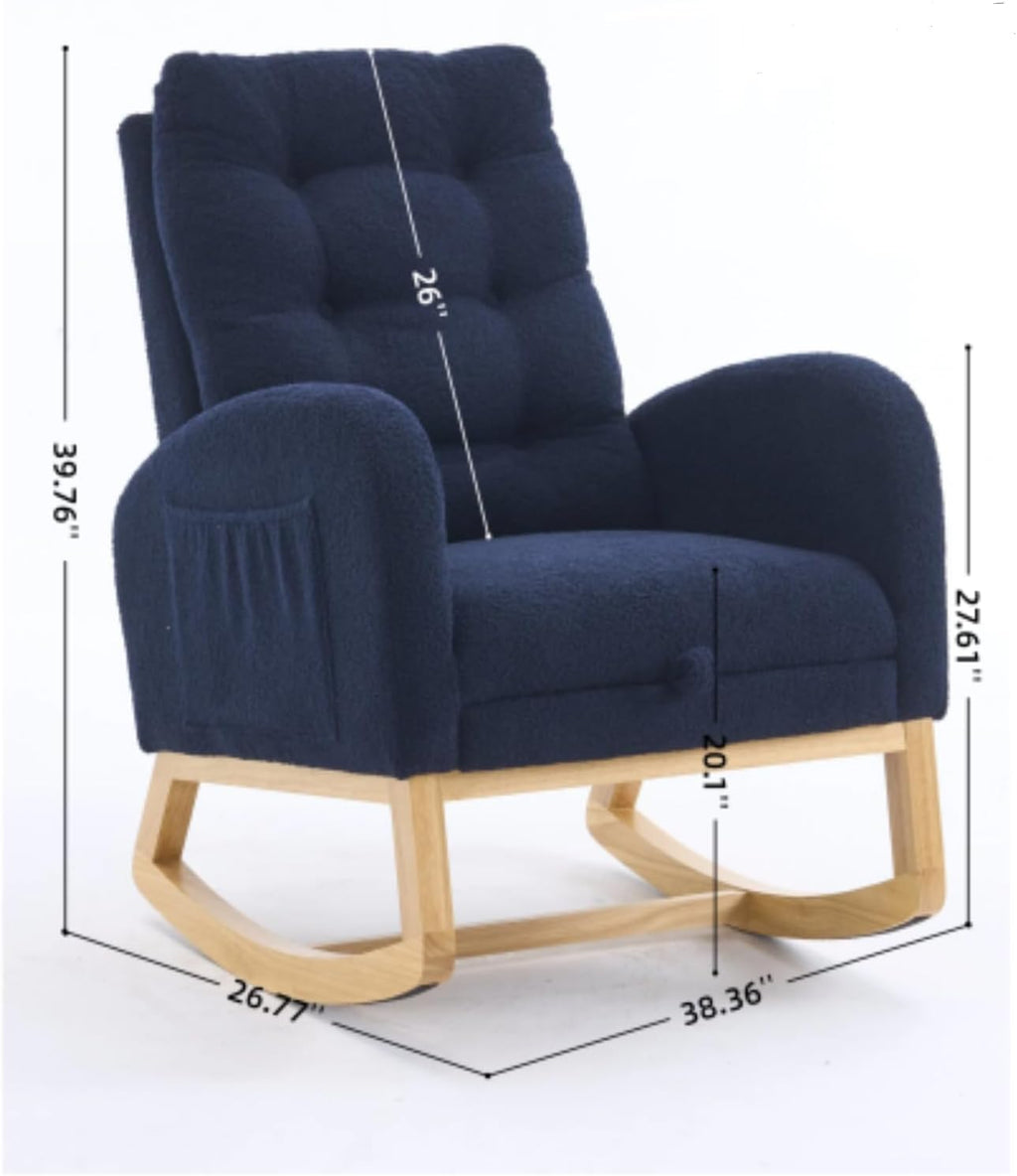 Nursery Rocking Chair with Retractable Footrest,Accent Rocker for Relaxing, Side Pocket,A+ Grade Rubber Wood,Suitable for Living Room,Bedroom and Balcony (Teddy Fleece, Navy Blue)