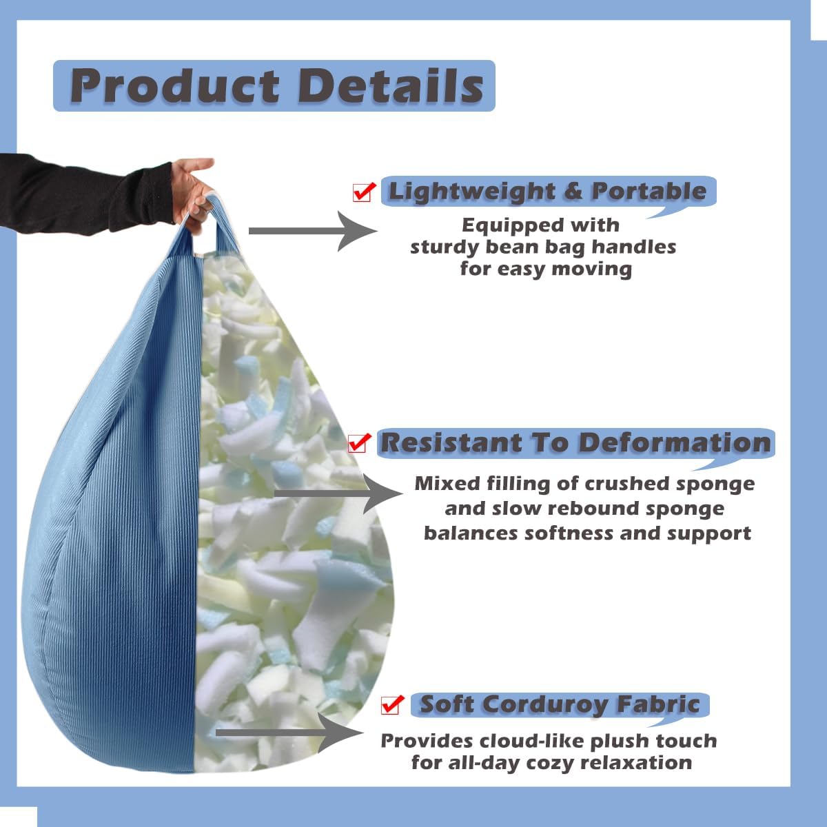 LPMOERA 3FT Memory Foam Filling Bean Bag Chair Blue