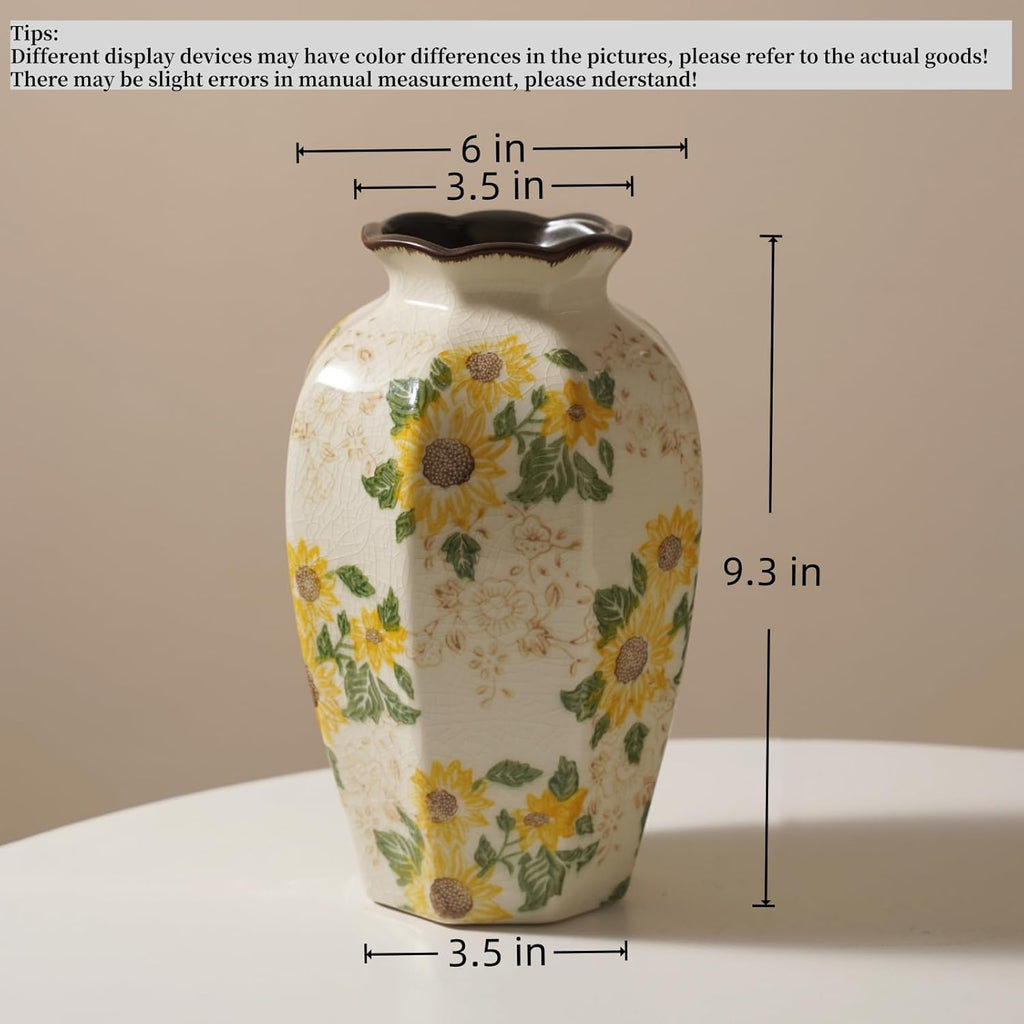 Levvohd Vintage Octagonal Ceramic Vase Sunflower Pattern 9.3 Inch | Rustic Farmhouse Antique, Chinoiserie Floral, Pastoral, For Wall Art Bedroom and Shelf
