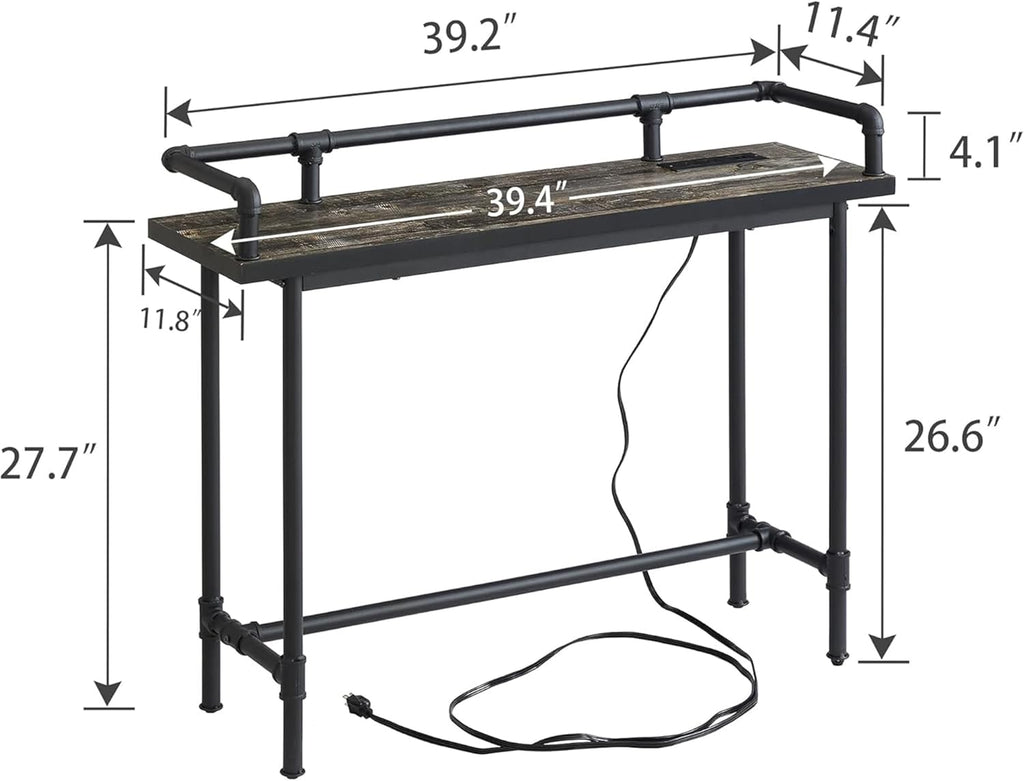 VECELO Narrow Sofa Table with Outlets & USB Ports, Industrial-Style Behind-Couch Table for Entryway, Hallway, Living Room, Bedroom, 39 Inch, Grey Oak