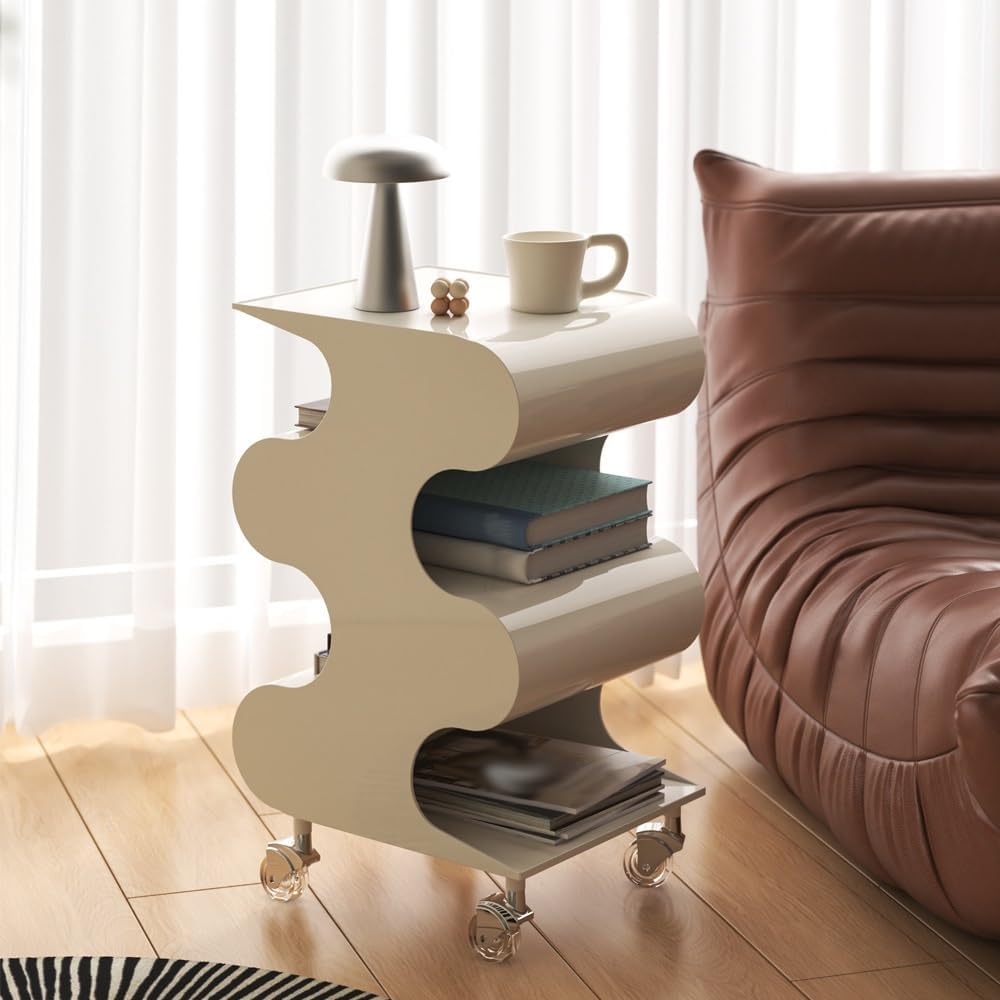 S-Shaped ABS Plastic Side Table, Movable Bedside Table with Wheels, Minimalist and Creative Sofa Table, Small Multi-Layer Magazine Rack, Coffee Table with Storage Function(Red)