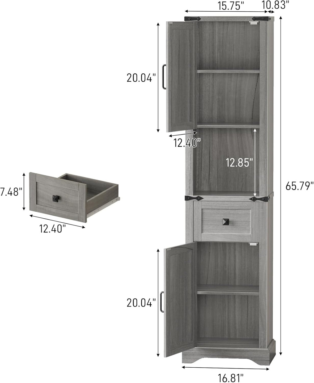 Vabches 66" Tall Farmhouse Bathroom Storage Cabinet with Barn Doors and Drawer, Narrow Storage Unit, Adjustable Shelves & 5-Tier Space, Freestanding Cabinet for Bathroom, Entryway, Kitchen, Wash Grey