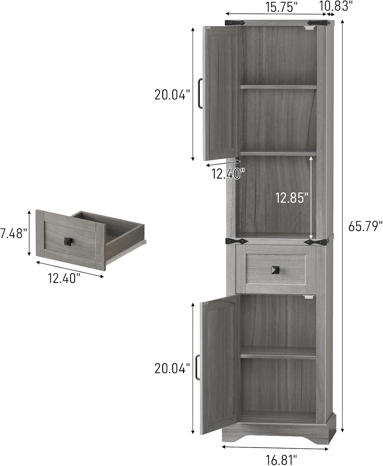 Vabches 66" Tall Farmhouse Bathroom Storage Cabinet with Barn Doors and Drawer, Narrow Storage Unit, Adjustable Shelves & 5-Tier Space, Freestanding Cabinet for Bathroom, Entryway, Kitchen, Wash Grey
