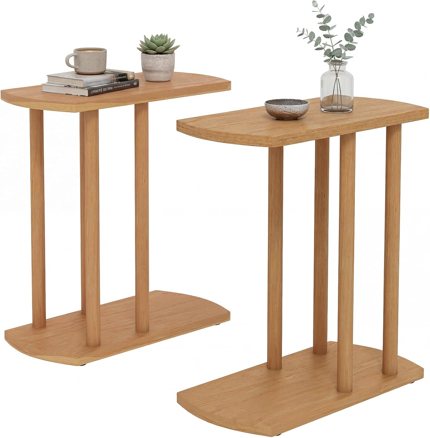 Giantex C-Shaped Teak Wood Side Table, Set of 2 Narrow 2-Tier Couch Tables that Slide Under w/Thickened Top & Sturdy Base, Wooden Sofa End TV Tray Bedside Table for Small Spaces Living Room Bedroom