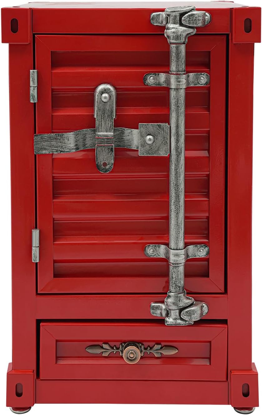 3-Tier Shipping Container Cabinet for Tool Storage - Container Side Table with Drawer, Industrial Bedside Table, Locking Nightstand for Living Room Bedroom Office Garage, 12.6x12.6x19.7in, Red