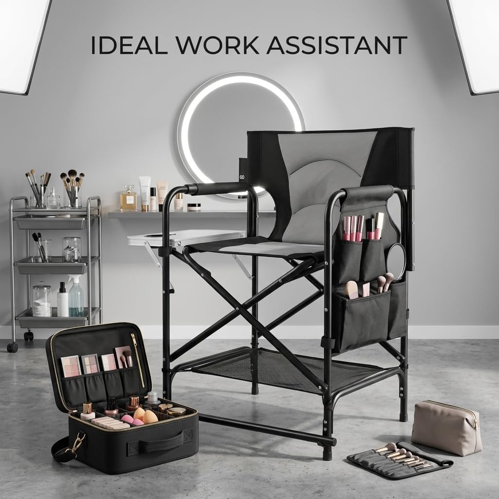 VINGLI 22" Director's Chair for Makeup Artist, Foldable Makeup Chair with Retractable Side Table & Footrest, Robust Iron Steel Frame, Supports 300 lbs, for Studio, Black & Gray