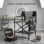 VINGLI 22" Director's Chair for Makeup Artist, Foldable Makeup Chair with Retractable Side Table & Footrest, Robust Iron Steel Frame, Supports 300 lbs, for Studio, Black & Gray