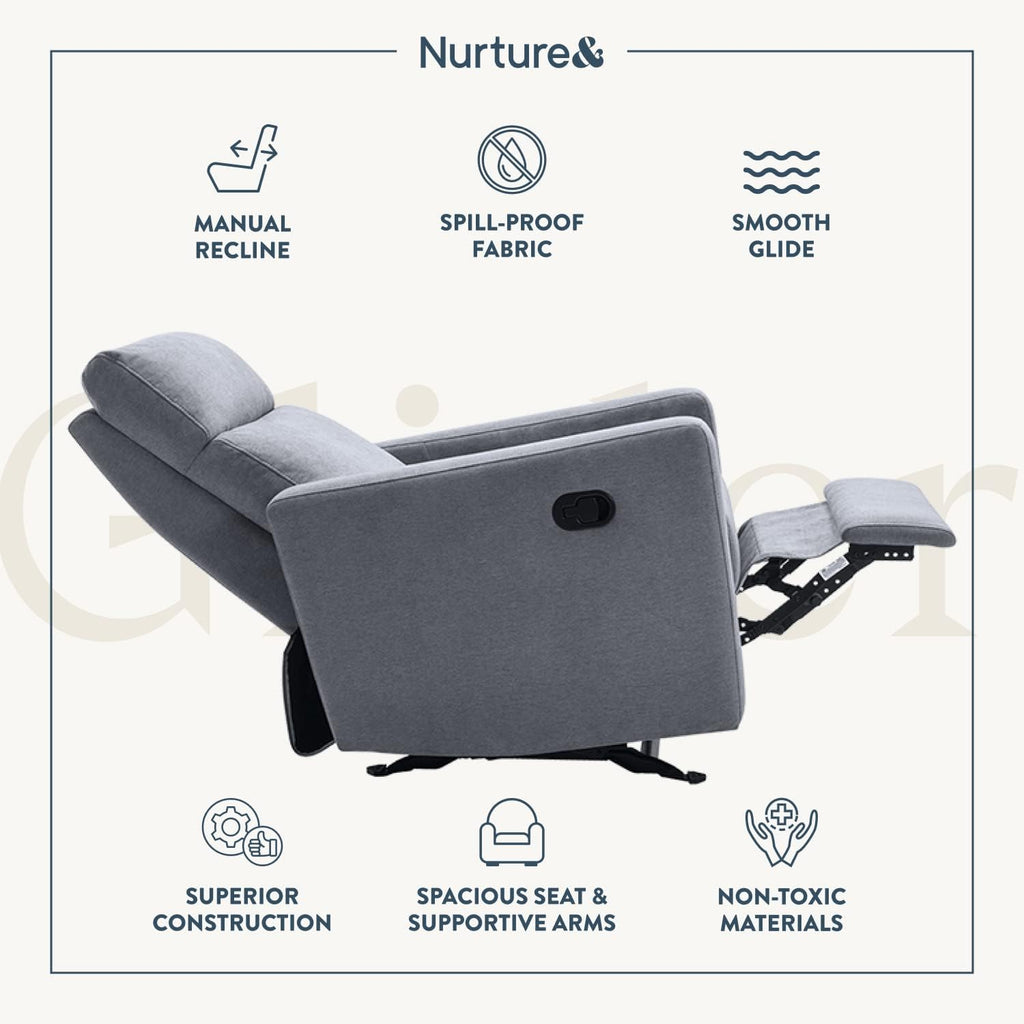 Nurture& The Manual Glider Premium Modern Recliner Nursery Glider Chair with Spill, Stain Proof Fabric | Designed with a Thoughtful Combination of Function and Comfort | Water Repellant (Gray)
