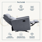 Nurture& The Manual Glider Premium Modern Recliner Nursery Glider Chair with Spill, Stain Proof Fabric | Designed with a Thoughtful Combination of Function and Comfort | Water Repellant (Gray)