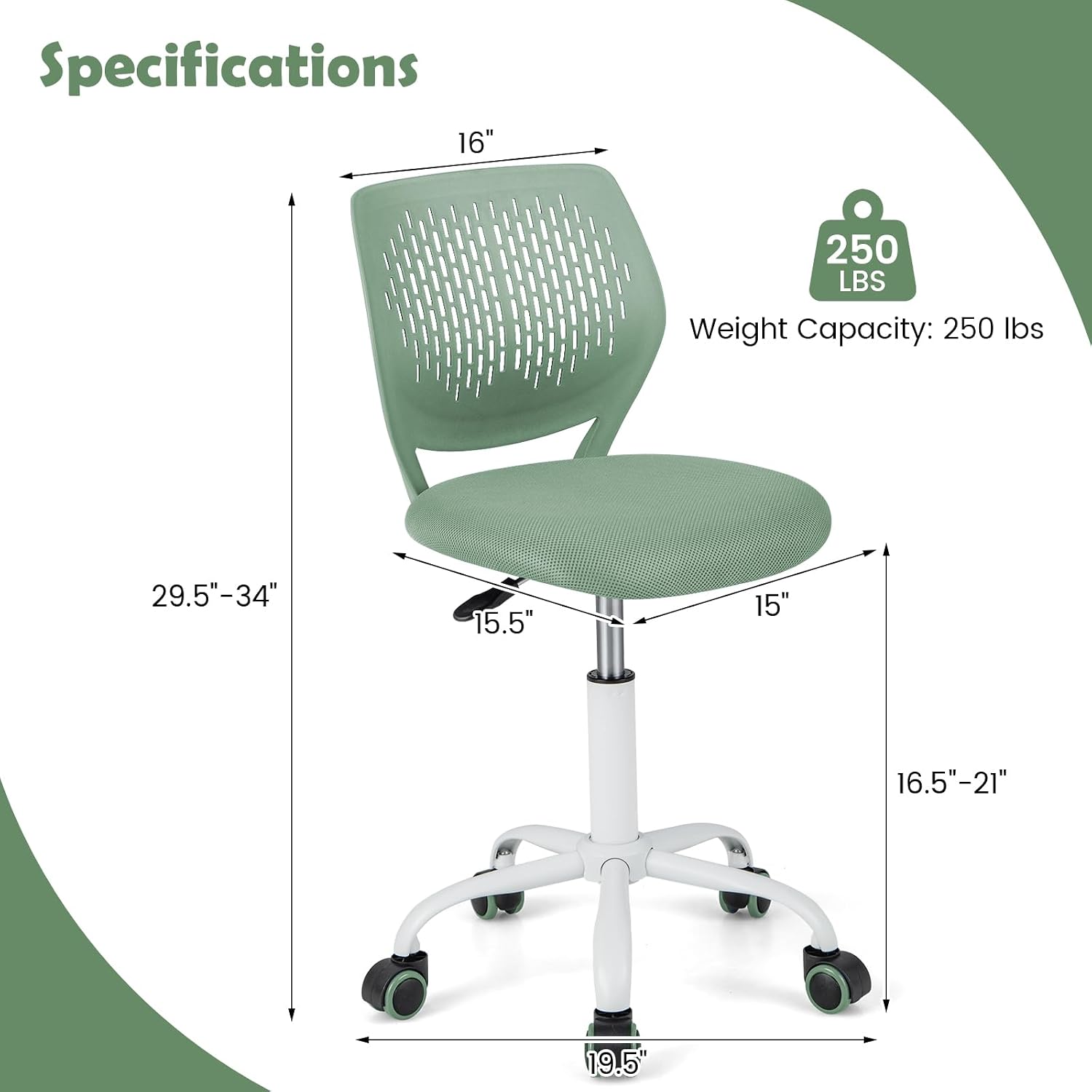 DORTALA Desk Chair for Teen, Kids Armless Swivel Small Cute Low-Back Mesh Office Chair Comfy with Adjustable Height, Lumbar Support, Ergonomic Computer Study Chair in Home Bedroom School (Sage Green)