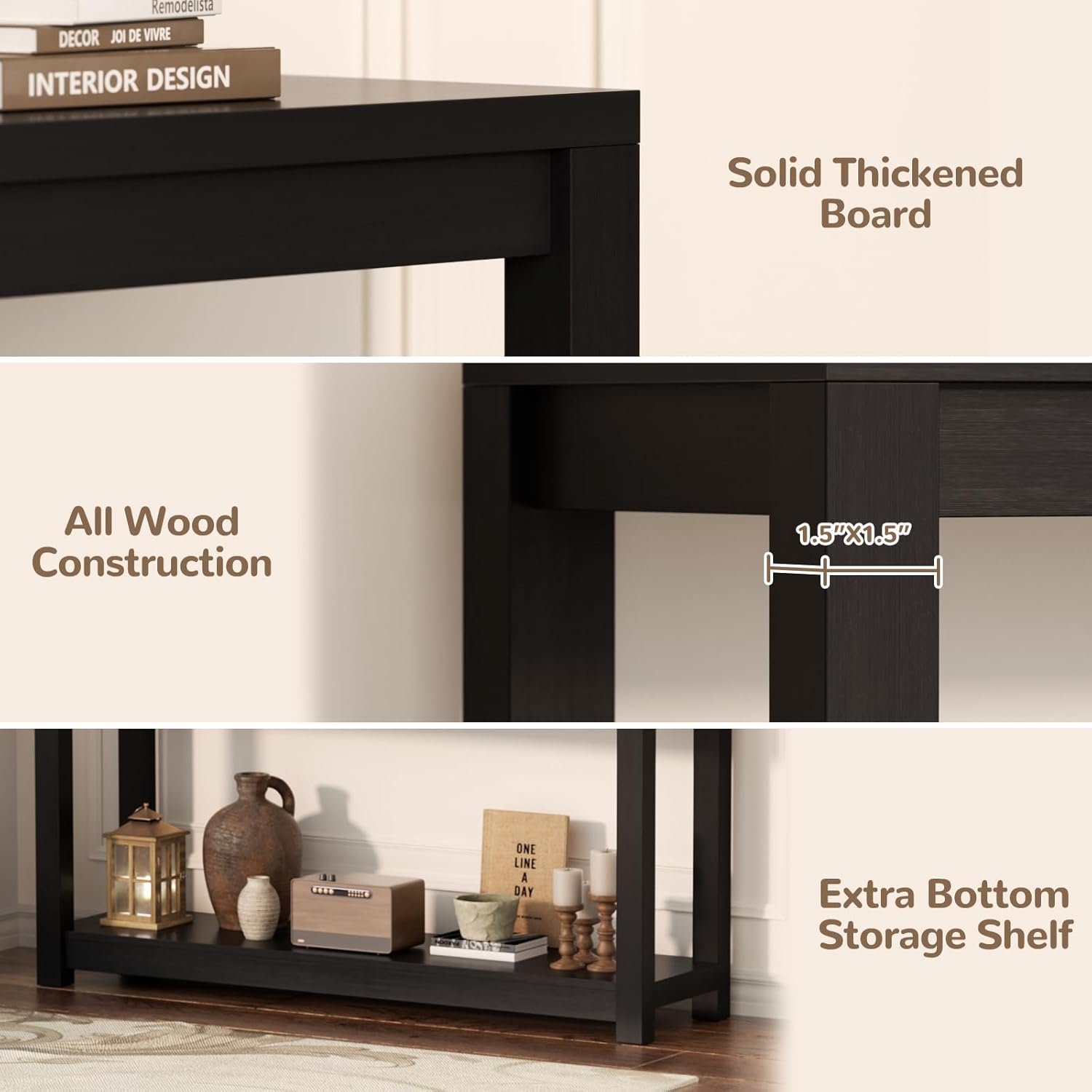 Besiost 47" Farmhouse Wood Entryway Table Narrow Console Table with Storage Behind Couch Sofa Table with Shelves for Entry Way with Open Storage, Easy Assembly, Embossed Wood Grain Black