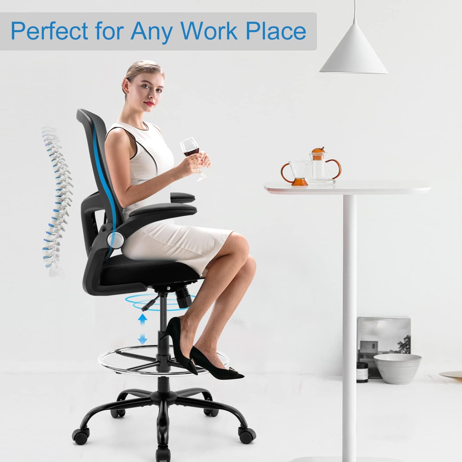 Drafting Chair,Tall Office Chair, Ergonomic Standing Desk Chair with Flip-up Armrests,Mid-Back Counter Height Computer Task Chair with Lumbar Support and Adjustable Footrest Ring,Black