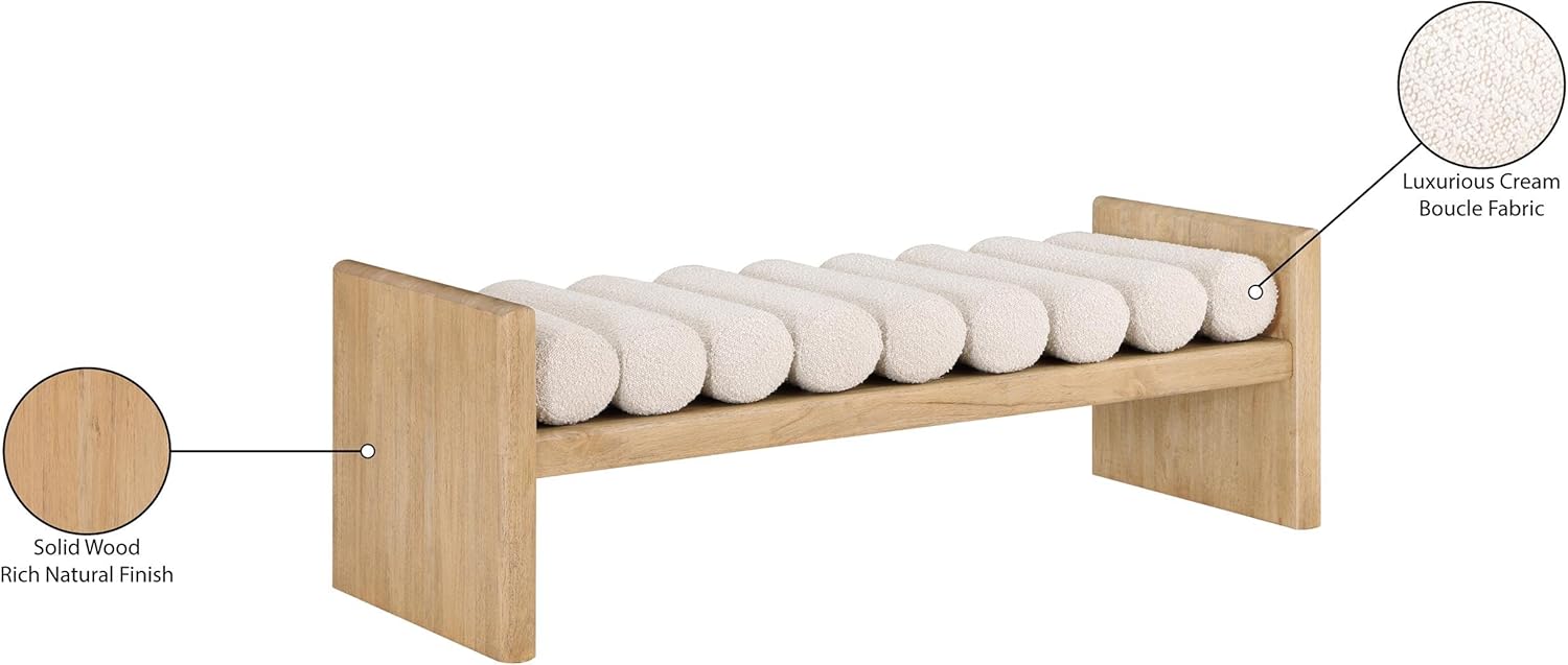 Meridian Furniture 179Cream Waverly Collection Modern | Contemporary Bench with Solid Wood Rich Natural Finish, Luxurious Cream Boucle Fabric, 52" W x 19" D x 18" H, Cream