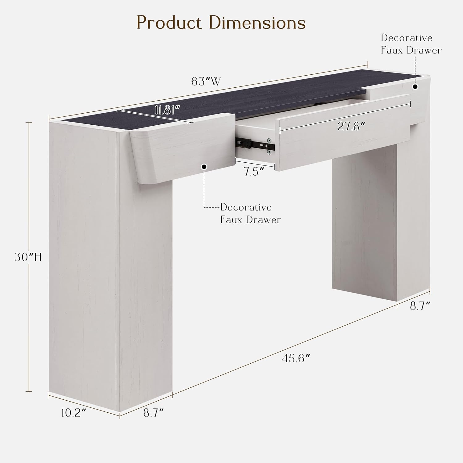 JXQTLINGMU 63" Modern Console Table with Storage Drawer, Entryway Table with Drawers, Thick Wood Legs, Sofa Table Behind Couch, Wood Console Tables for Entryway Hallway Living Room, White and Black