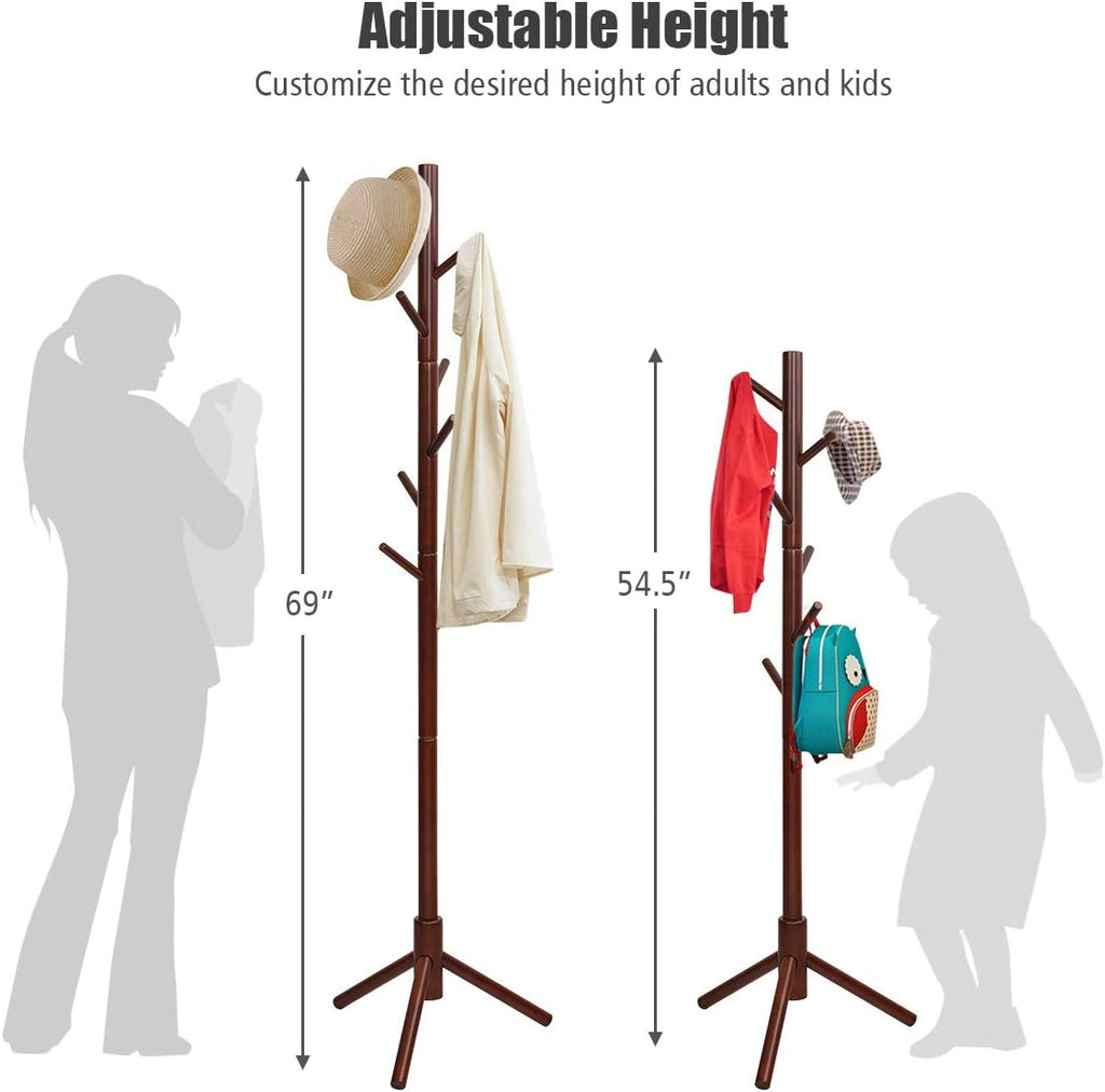 Tangkula Coat Rack Freestanding, Rubber Wood Coat Stand with 8 Hooks, Height Adjustable Entryway Coat Tree Coat Hanger Stand for Home Office Hall Entryway