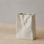WENSHUO Crinkle Paper Bag Ceramic Vase, Modern Aesthetic Flower Vase for Home Decor, Unique Matte Ceramic Paperbag Vase for Flower Arrangement, Bookshelf Desk Decorative Ornament, Quirky Gift