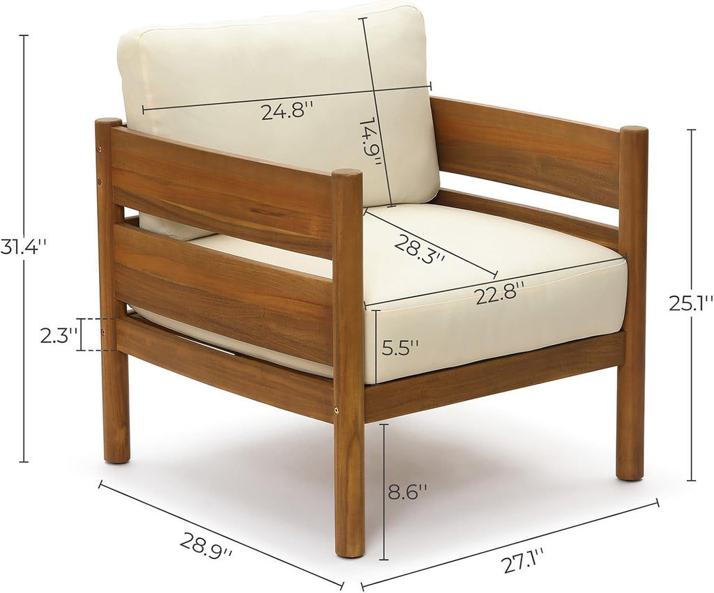 LuxenHome Acacia Wood Outdoor Patio Chair, Wooden Patio Lounge Chair with Cushions, Outside Club Chair with Thick Seat, Armchiar for Balcony, Lawn, Garden, Porch