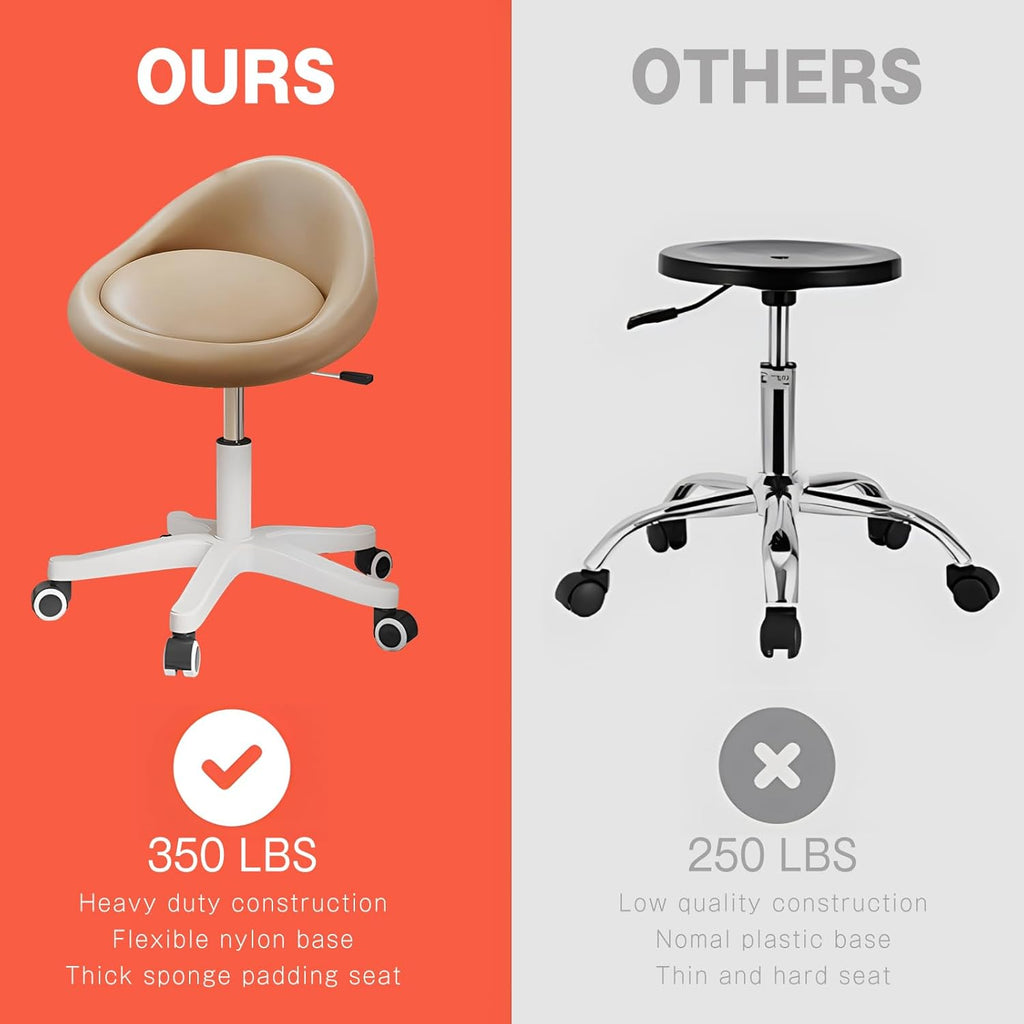 Swivel Rolling Stool with Wheels, Height Adjustable PU Leather Drafting Chair, Round Seat for Salon, Spa, Tattoo, Office, Home Use Khaki Set of 1