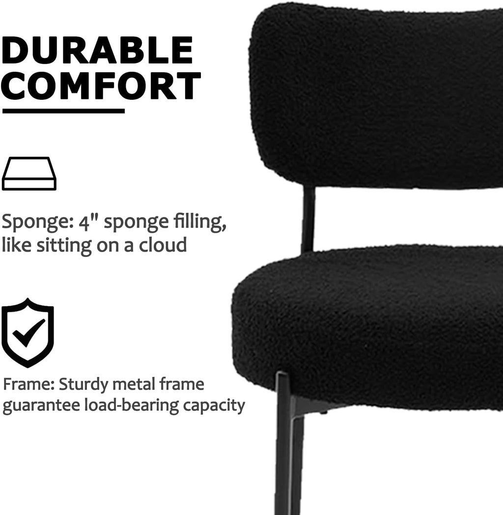 Boucle Dining Chair Set of 6, Mid Century Modern Upholstered Kitchen Chairs with Curved Backrest & Black Metal Legs, Round Dining Room Chairs, Black