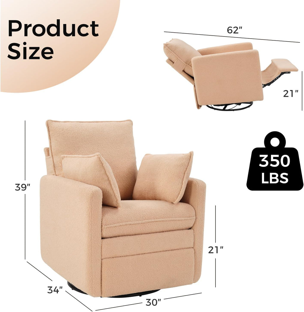 CANMOV Swivel Rocker Recliner Chair, Teddy Upholstered Nursery Glider Chair, Manual Reclining Chair with Two Removable Pillows for Living Room (Camel)