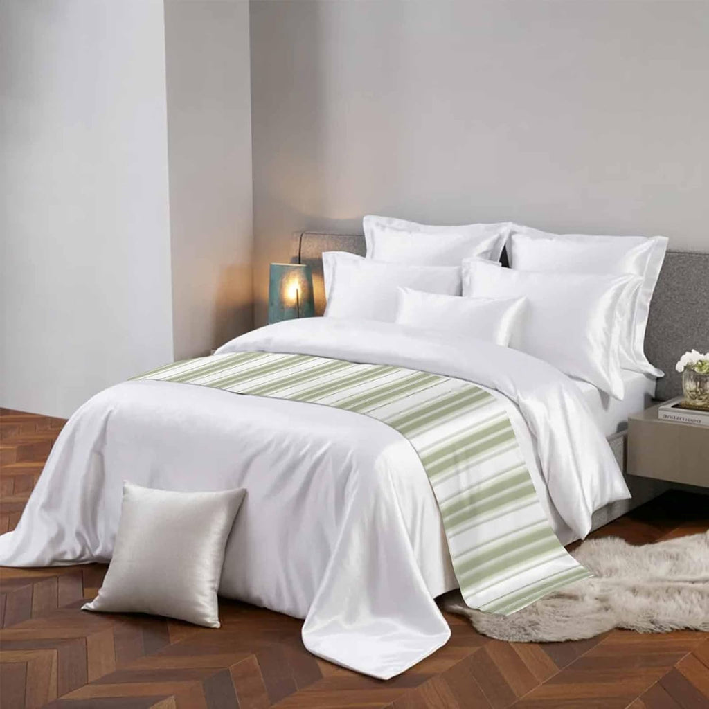 Sage Green Striped Bed Runner Scarf King Size, Modern Thin Line Vertical Stripes Luxury Bed Throw Runners & Scarves for Twin Full Queen King Foot of Beds, Bedroom Hotel Decoration, 94"x20"