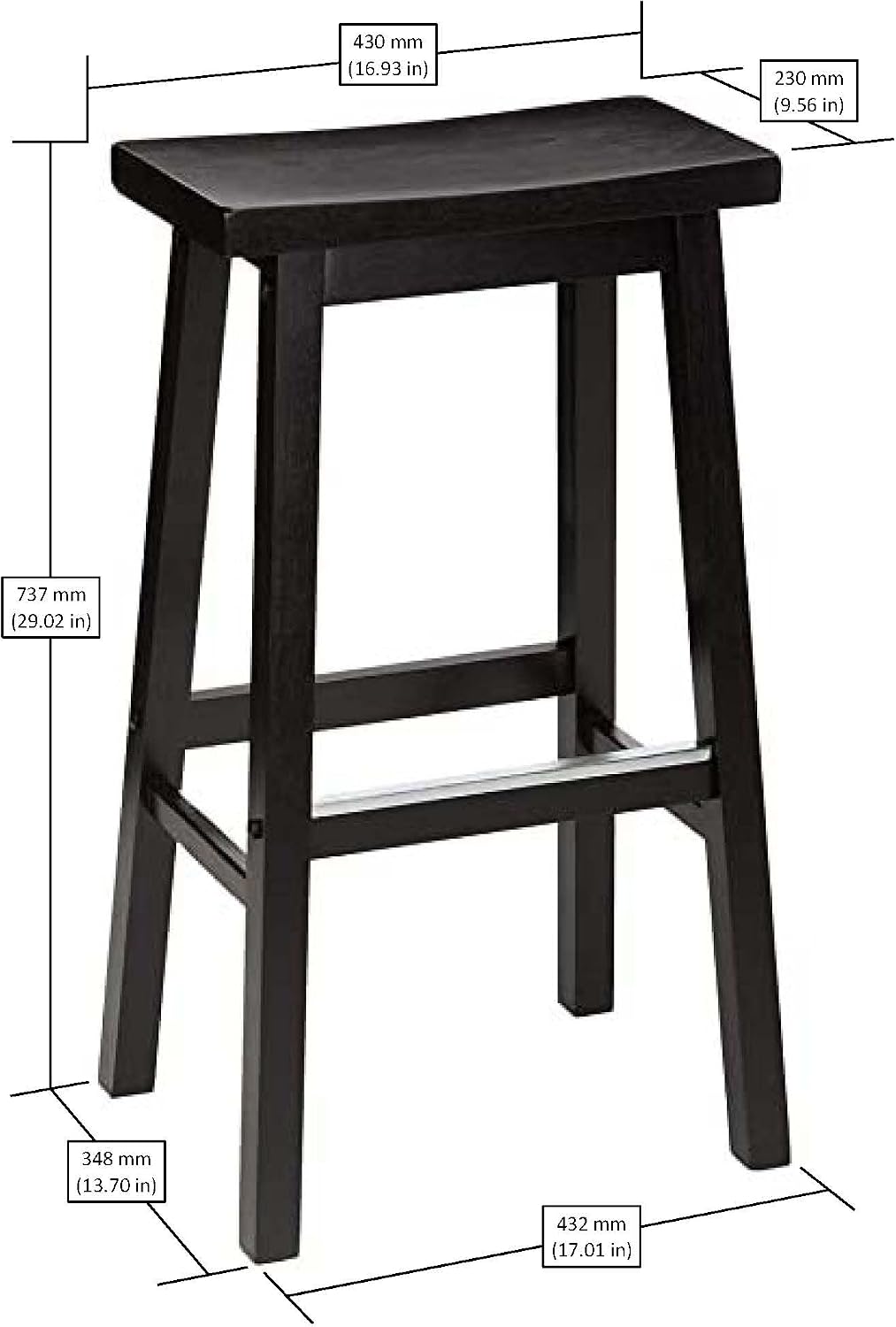 Amazon Basics Solid Wood Saddle-Seat Counter Height Bar Stools for Kitchen Island and Home Bar with Footrest, 29-Inch Height, Black, Set of 2