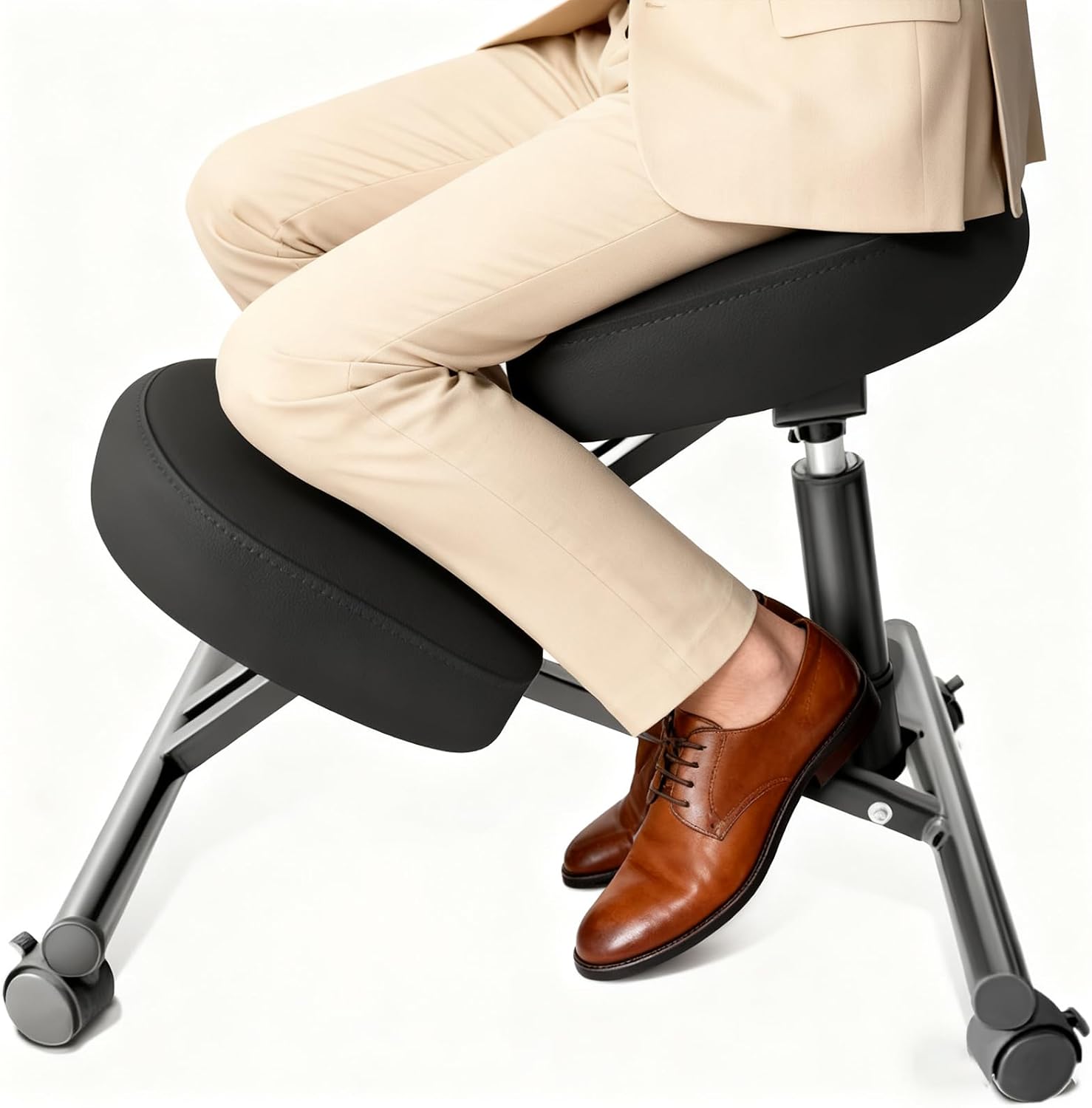 PU Leather Ergonomic Kneeling Chair, Adjustable Home and Office Stool with Thick Pads and Flexible Lockable Brake Wheels for Back Pain Relief (Light Black)