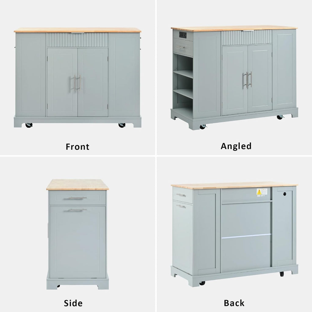 Kitchen Island with Trash Can Storage Cabinet and Power Outlet, Rolling Kitchen Cart on Wheels with Internal Storage Rack, Drawers, Open Side Racks for Dining Room (48.5", Grey Blue)