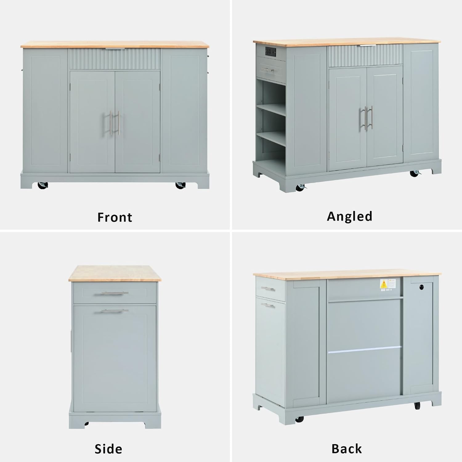 Kitchen Island with Trash Can Storage Cabinet and Power Outlet, Rolling Kitchen Cart on Wheels with Internal Storage Rack, Drawers, Open Side Racks for Dining Room (48.5", Grey Blue)