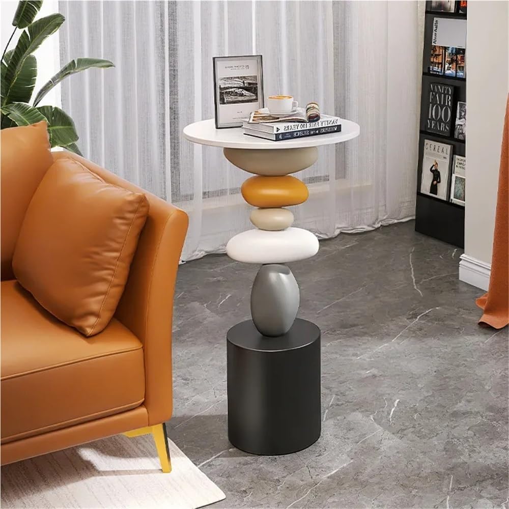 Stone-Shaped Side Table, Resin & Wood End Table, Sofa Side Table for Living Room, Bedroom, Modern Creative Accent Table, Decorative Luck-Inspired Design(Small)