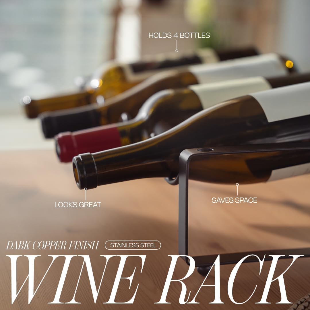 1-Tier Wine Rack for Countertop - Stackable Metal Wine Bottle Holder for 4 Bottles - Free-Standing Wine Organizer & Storage for Cabinet, Pantry, Counter - Dark Copper Wine Bottle Rack by Salvino