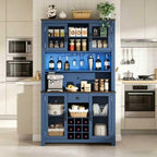 Farmhouse Tall Storage Cabinet, Navy Blue Kitchen Pantry with Wine Rack & Coffee Bar Station