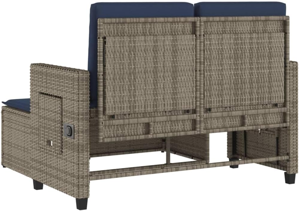 Garden Bench Grey PE Rattan Medium Adjustable Armrests,Reclining Garden Bench with Comfortable Cushions Outdoor Sofa Bed for Two Patio Furniture