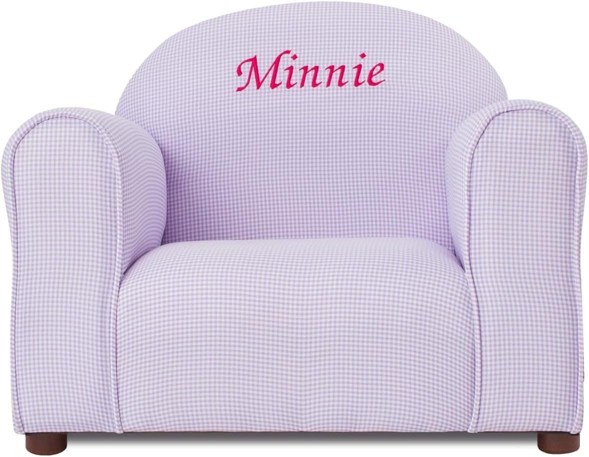 Keet Personalized Gingham Kids Chair with Custom Name Embroidery, Soft Microsuede Fabric, Padded Cushion, Wooden Frame, Ages 2-5, Comfortable & Stylish Toddler Armchair for Playroom & Bedroom.