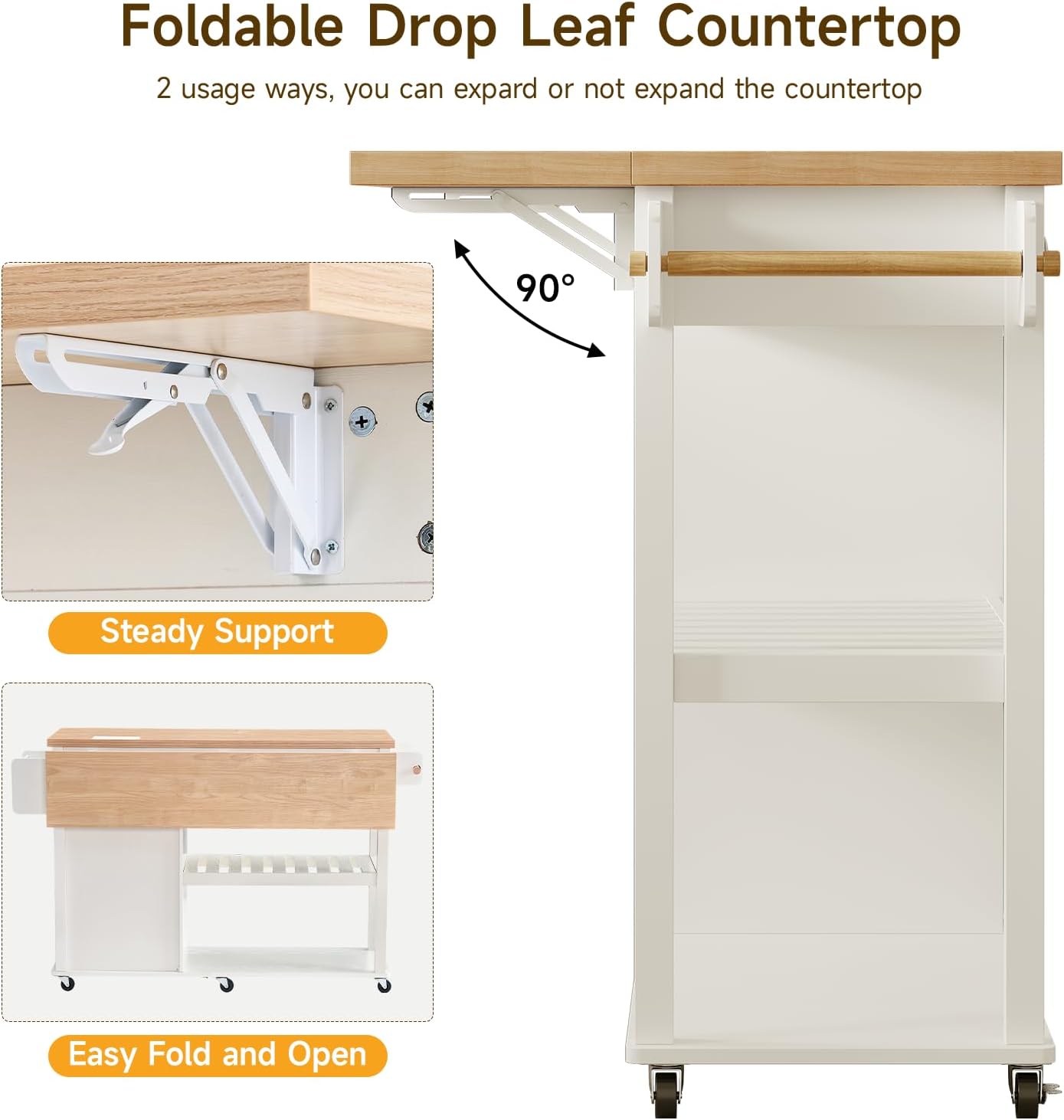 ONBRILL 56" Kitchen Island with Drop Leaf, Rolling Kitchen Cart with Trash Cabinet, Power Outlet, 2-Tier Open Shelves, 3 Drawers, Spice & Paper Towel Racks, 6 Wheels (4 Locking) for Dining Room, White