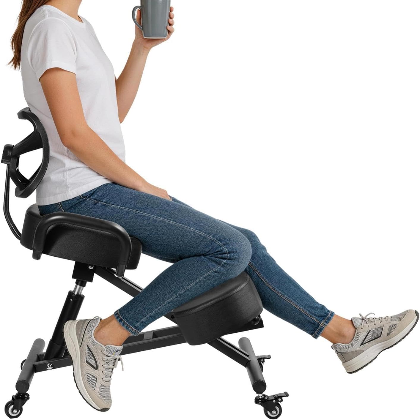 Ergonomic Kneeling Chair with Backrest & Lumbar Support, Adjustable Desk Chair with Wheels & Thick Cushion, Improve Sitting Postures & Relieve Lower Back Pressure, Perfect for Study & Work from Home