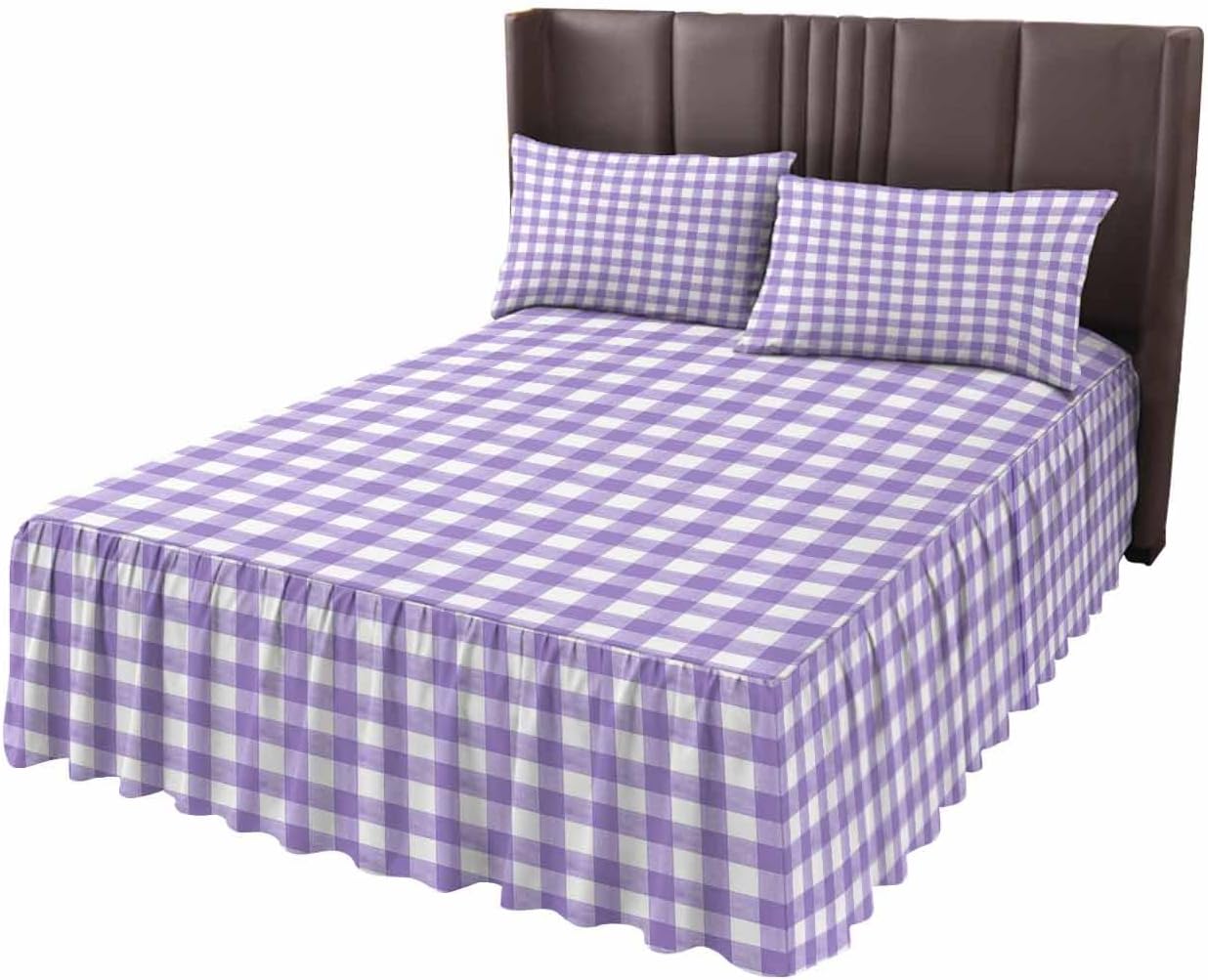Purple White Checkered Plaid Full Size Ruffle Bed Skirt,Luxury Bedskirt Gradient Buffalo Check Bed Sheet Set with 2 Pillow Shams for Bedroom Decor,18" Tailored Drop Ruffle