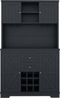 Farmhouse Kitchen Buffet Cabinet with Storage, Dark Blue Food Pantry Organizer with Wine Racks, Glass Shelves & Drawers for Dining Room
