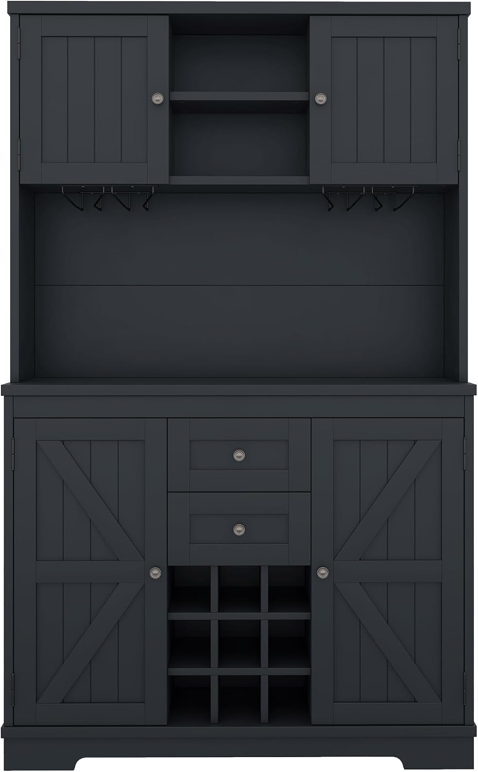 Farmhouse Kitchen Buffet Cabinet with Storage, Dark Blue Food Pantry Organizer with Wine Racks, Glass Shelves & Drawers for Dining Room