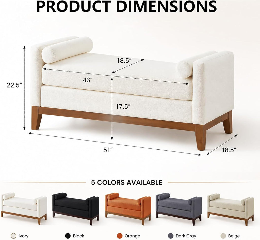 End of Bed Couch, Wooden Bench for Living Room, Entryway Seat | Strong Wooden Base，Rounded Armrests，Thick Comfortable Cushion(Black + Boucle + Foam)