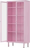 INTERGREAT 67” H Glass Display Cabinet, Metal Curio Cabinet with Tempered Glass Doors & Adjustable Shelves, Metal Storage Cabinets for Living Room, School, Plant, Pink, Assembly Required