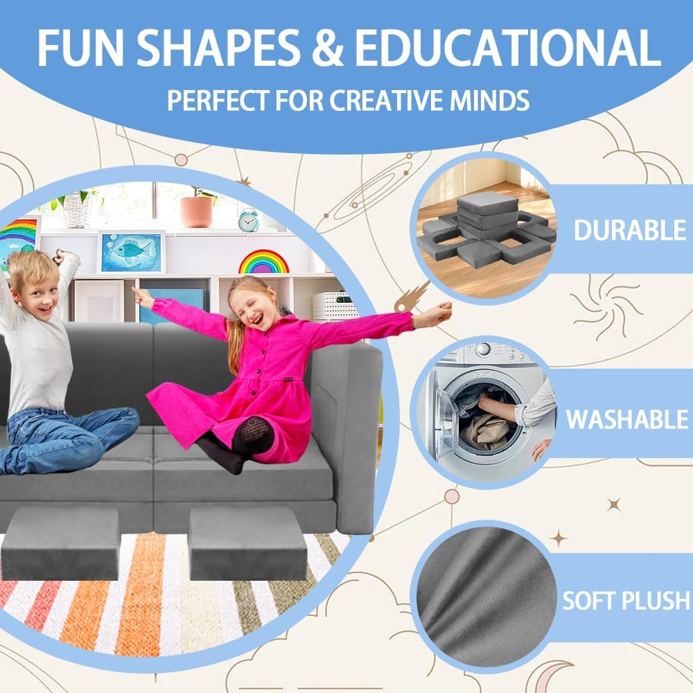 12PCS Modular Kids Play Couch Child Convertible Building Fort Sofa and Cushion DIY Floor Sofa for Playroom Bedroom (Dark Grey)