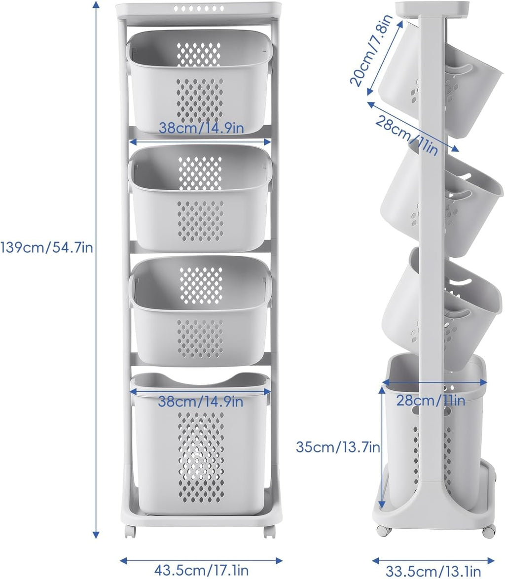 4-Tier Vertical Laundry Hamper Sorter with Wheels, Removable Vertical Rolling Laundry Basket, 4 Section Sorters Cart for Small Space, Dorm, Closet, Bathroom Grey-4Layer