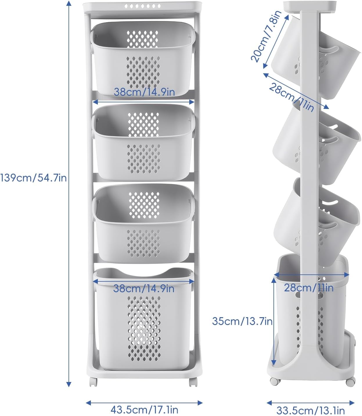 4-Tier Vertical Laundry Hamper Sorter with Wheels, Removable Vertical Rolling Laundry Basket, 4 Section Sorters Cart for Small Space, Dorm, Closet, Bathroom Grey-4Layer