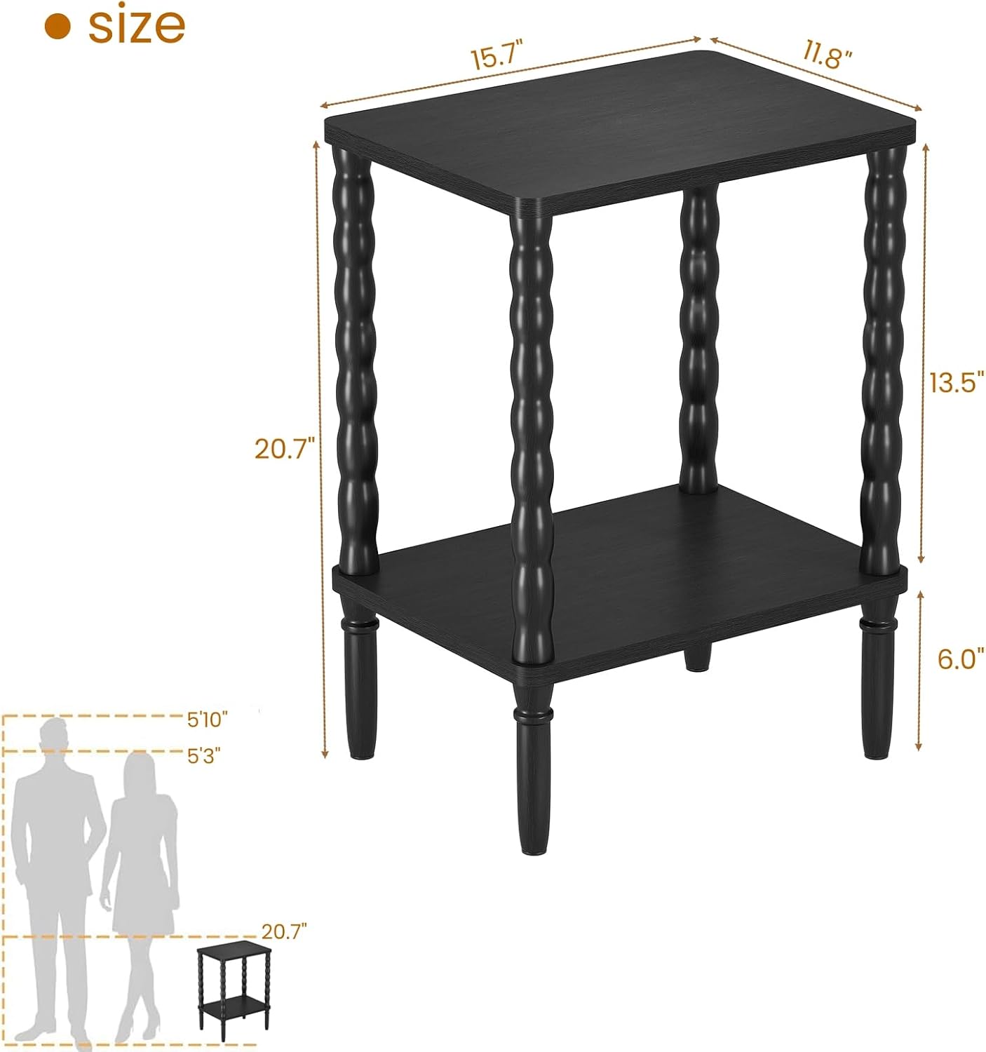 Small Narrow Side Table, Vintage End Table - Skinny Bedside Nightstand for Small Spaces, Couch/Recliner Accent Table for Bedroom Living Room Nursery, No-Tool Assembly (Black)