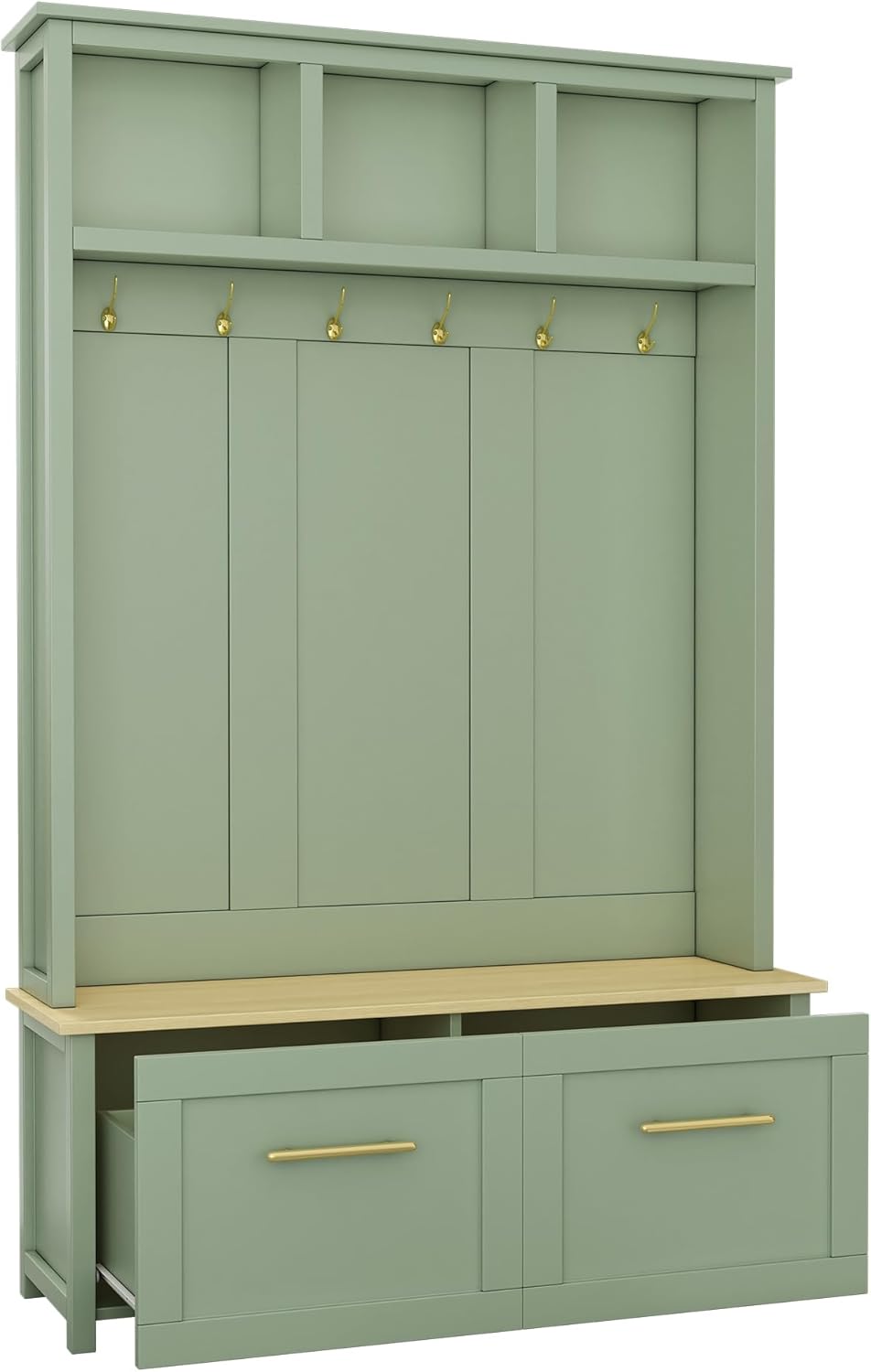 Multifunctional 4-in-1 Hall Tree with 6 Golden Hooks and Brown Wood Grain Storage Bench, Wood Entryway Coat Rack with 2 Drawers for Living Room, Hallway (Mint Green)